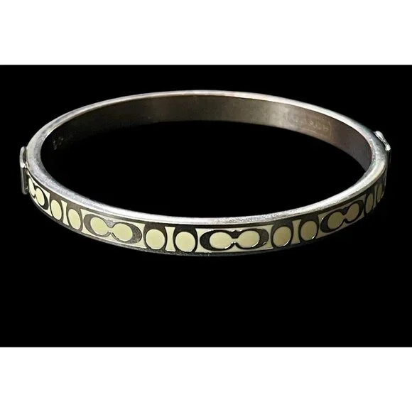 Authentic COACH Gold Tone Enamel Signature C Logo Bangle Bracelet Ivory 7” EUC - Picture 3 of 10